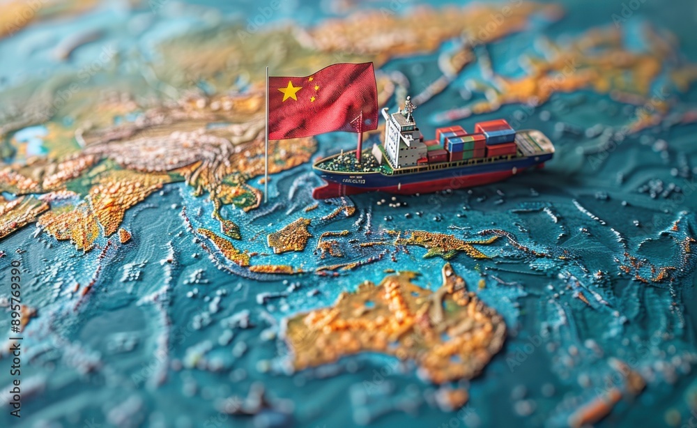 Cargo Ship and Chinese Flag on a World Map Cargo Ship and Chinese Flag on a World Map