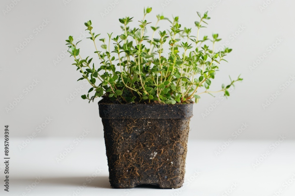 A vibrant, fresh thyme plant in a black plastic pot, showcasing healthy green leaves, ready for culinary use or home gardening. A vibrant, fresh thyme plant in a black plastic pot, showcasing healthy green leaves, ready for culinary use or home gardening.