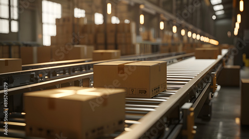 Modern warehouse scene with a cardboard box moving along a conveyor belt.