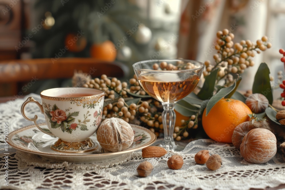 An elegant tea setting with a beautifully decorated teacup, fresh oranges