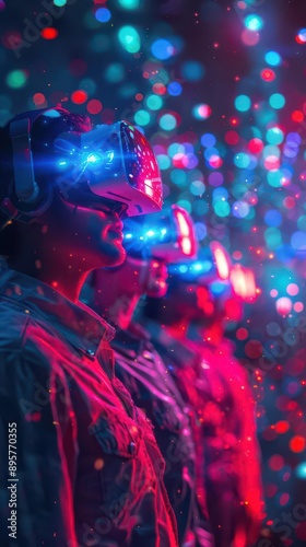 Immersive virtual reality experience with vibrant lights and focused participants exploring digital worlds. © Pairat