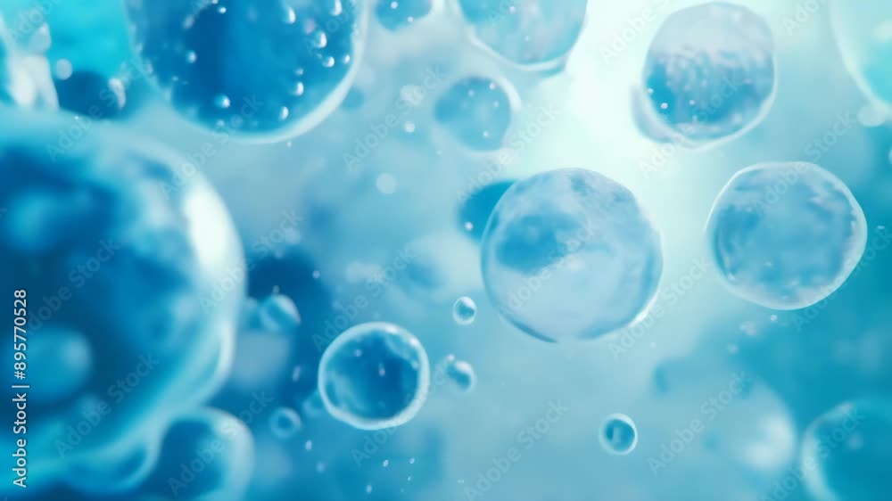 Microscopic view of blue cells floating in a liquid environment. Cellular biology and medical research concept, depicting life at the microscopic level Microscopic view of blue cells floating in a liquid environment. Cellular biology and medical research concept, depicting life at the microscopic level
