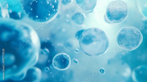 Microscopic view of blue cells floating in a liquid environment. Cellular biology and medical research concept, depicting life at the microscopic level 