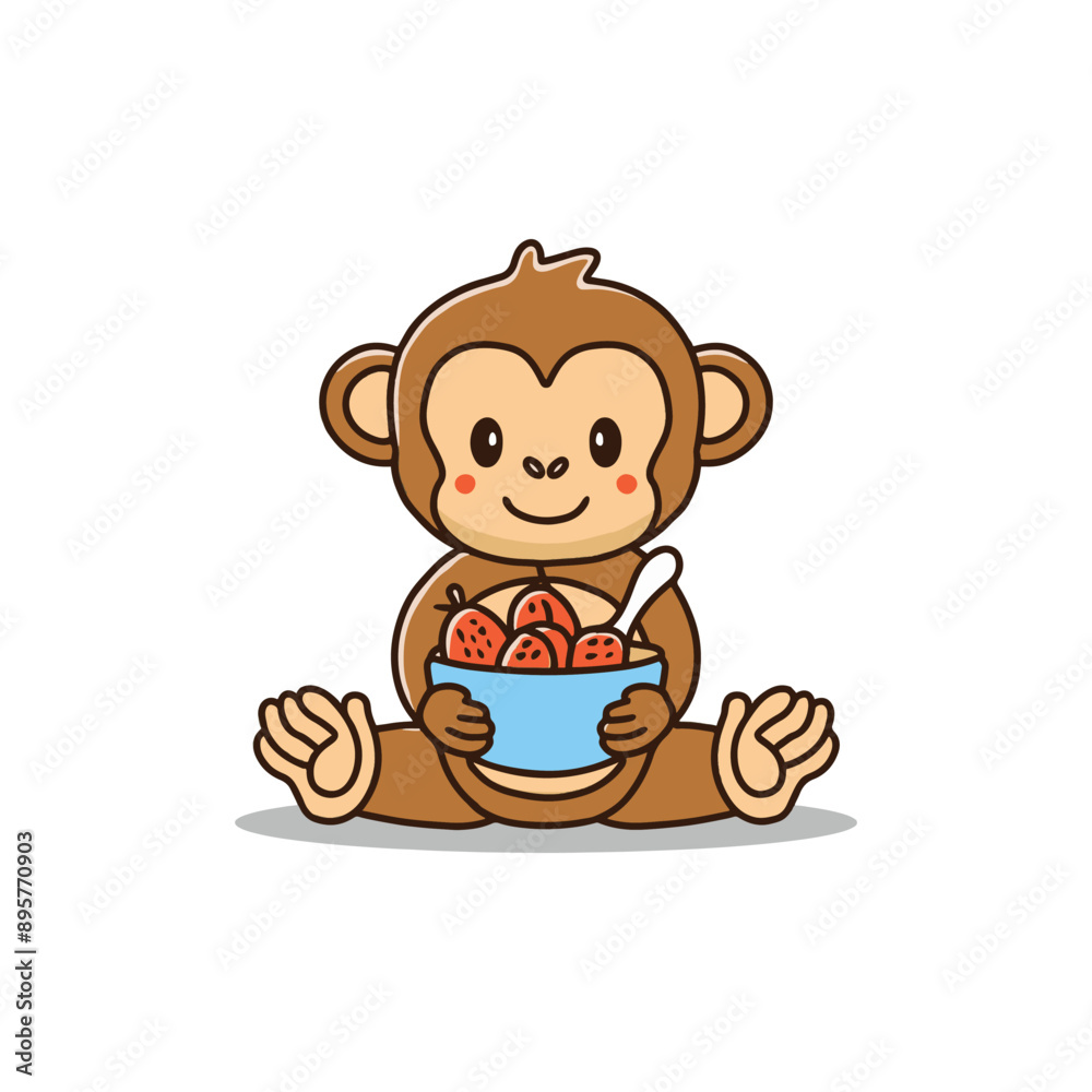 Simple illustration of cute monkey holding a fruit bowl with a spoon Simple illustration of cute monkey holding a fruit bowl with a spoon