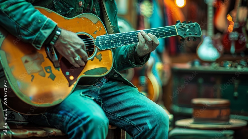 Naklejka premium Close-Up of Musician Playing Acoustic Guitar