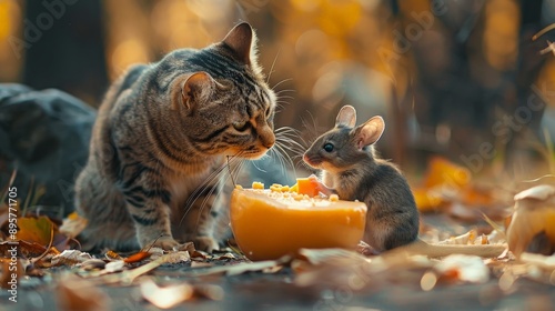 A cat and mouse share cheese in a comedic scene, uploaded to Adobe Stock Photos in the animals category