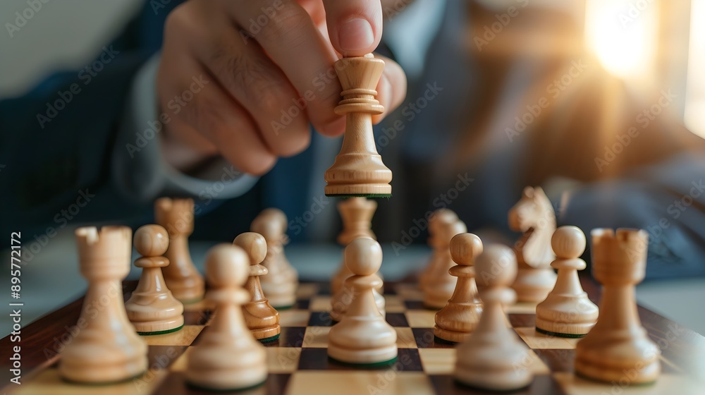A man is playing chess with a wooden chess set A man is playing chess with a wooden chess set