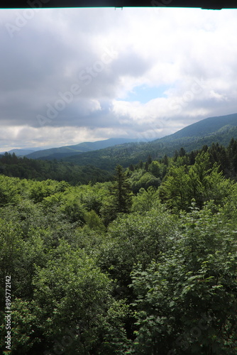 view of the mountains from the observation tower in Szczerbanówka in the Bieszczady Mountains in Poland