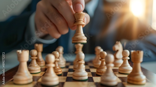 A man is playing chess with a wooden chess set