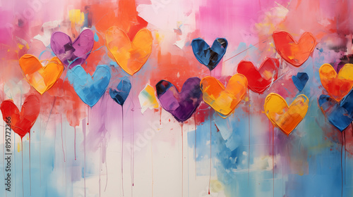 Wallpaper Mural Hearts painted. Multicolored watercolor hearts. Valentines day abstract hearts background banner. Torontodigital.ca