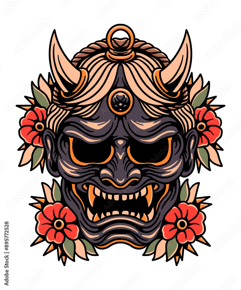 Fototapeta premium oni mask tattoo illustration design