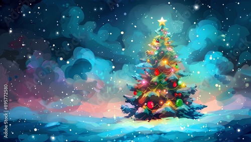 background with stars and christmas tree