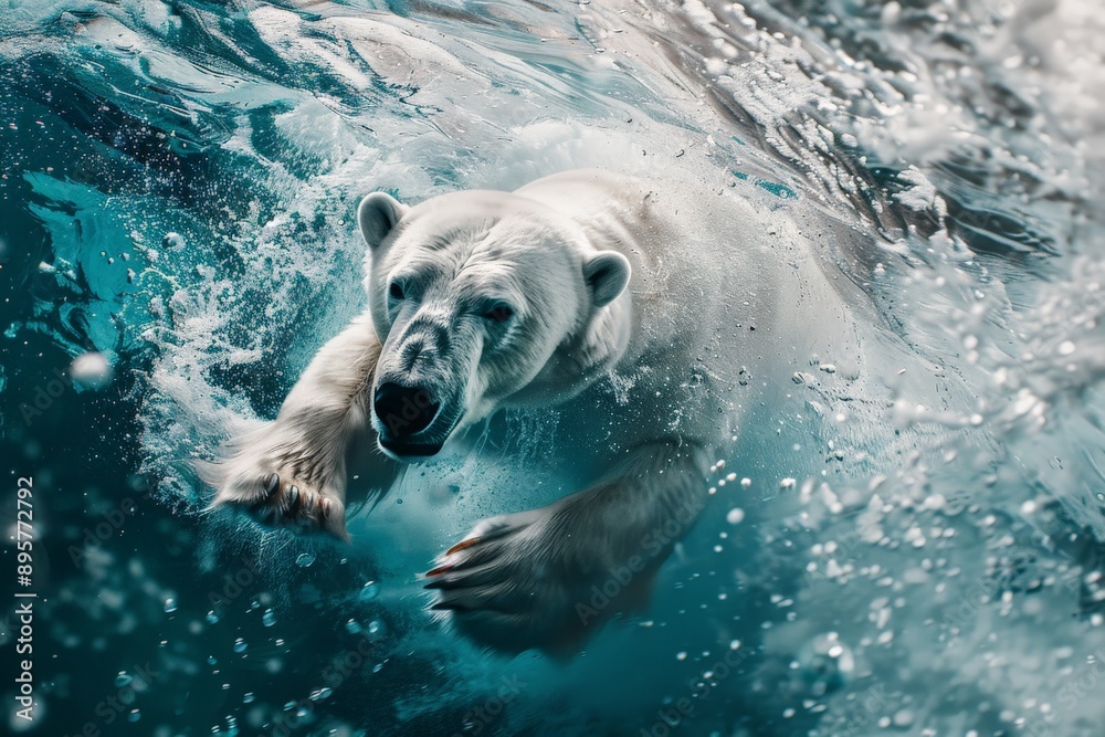Fototapeta premium A powerful polar bear dives energetically into the cold Arctic waters, creating splashes and waves as it submerges, showcasing raw strength and the beauty of wildlife in motion.