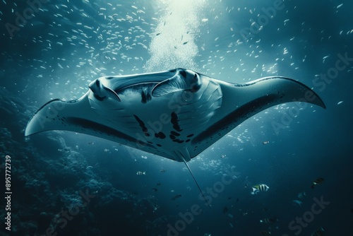 An elegant manta ray swims underneath the ocean's surface as beams of sunlight pierce the water, creating a mesmerizing pattern while surrounded by a shoal of smaller fish.