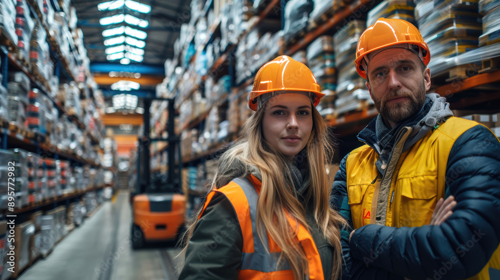 Diverse Team of Warehouse Workers in Safety Gear Standing Proudly in Aisle of Organized Industrial Storage Facility Diverse Team of Warehouse Workers in Safety Gear Standing Proudly in Aisle of Organized Industrial Storage Facility