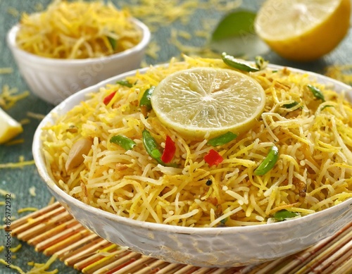 semiya. upma. lemon. lemon vermicelli in bowl. neembu semiya. elemicham semiya. photo