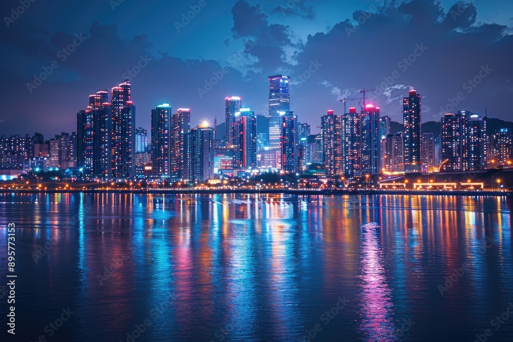 Fototapeta premium Urban Nightscape: Vibrant City Skyline with Glowing Lights and Water Reflections - Sony A7 IV Night Photography