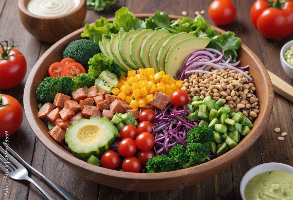 Colorful salad bowl with a variety of fresh vegetables and a protein source. Colorful salad bowl with a variety of fresh vegetables and a protein source.