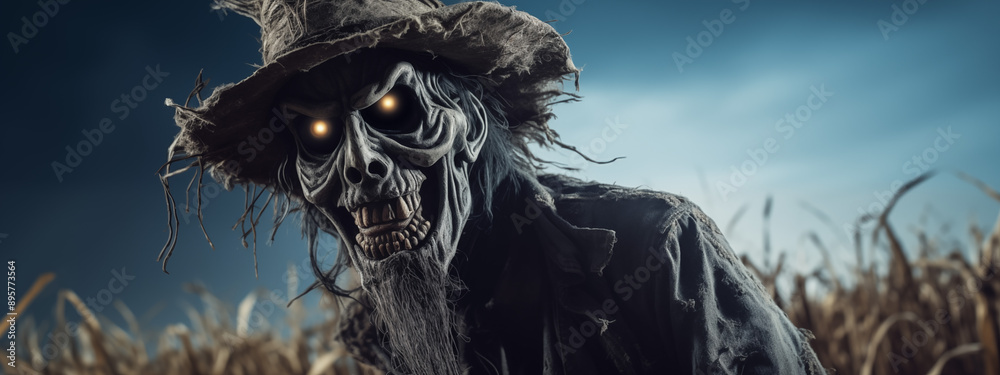 Sinister Skeleton Scarecrow with Glowing Eyes in Cornfield at Dusk Sinister Skeleton Scarecrow with Glowing Eyes in Cornfield at Dusk