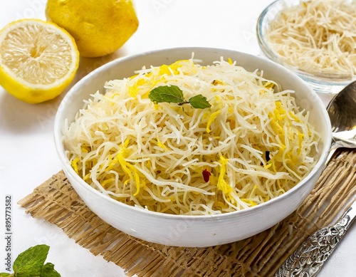 semiya. upma. lemon. lemon vermicelli in bowl. neembu semiya. elemicham semiya. photo