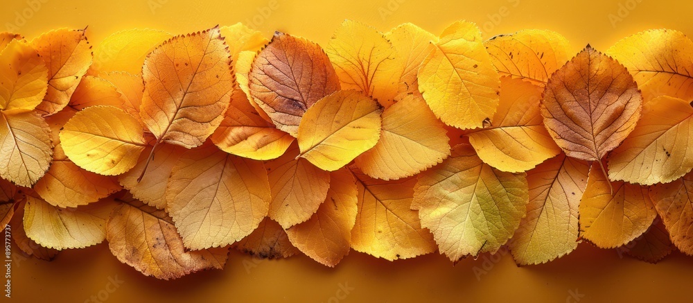 Golden Autumn Leaves on a Yellow Background