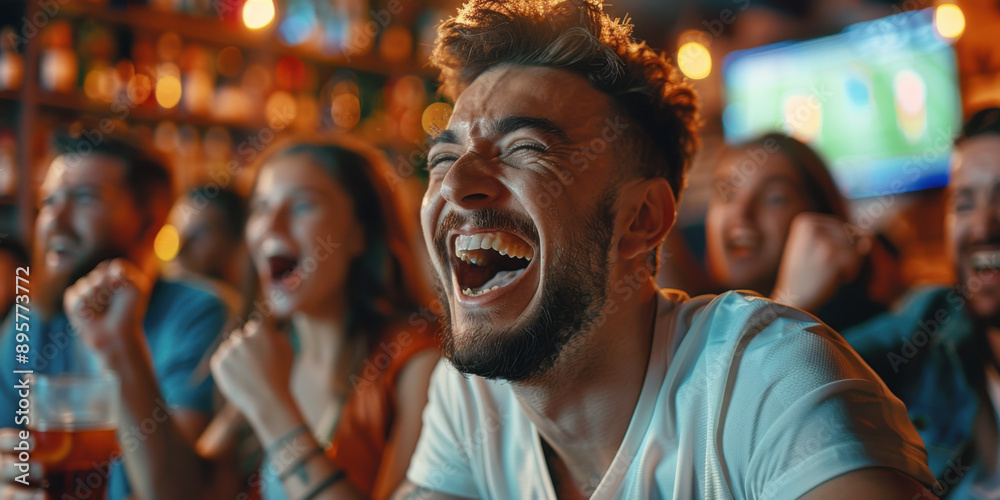 Group of enthusiastic fans cheer and celebrate while watching a sports event in a lively bar setting. Group of enthusiastic fans cheer and celebrate while watching a sports event in a lively bar setting.