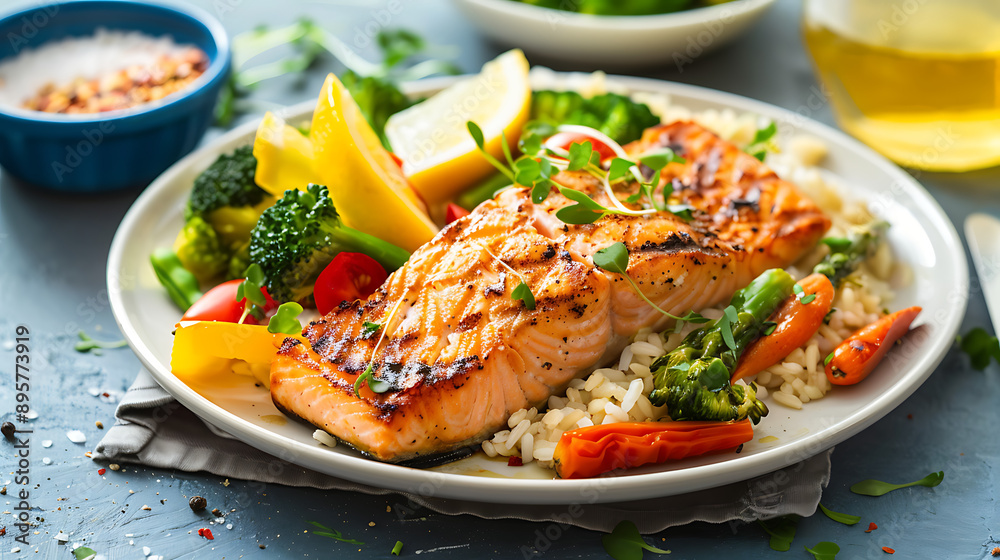 A colorful plate of grilled salmon, brown rice, and steamed vegetables A colorful plate of grilled salmon, brown rice, and steamed vegetables