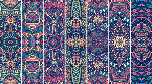 Bohemian repeating background texture seamless pattern vector. Boho ornamental mandala set of banners
