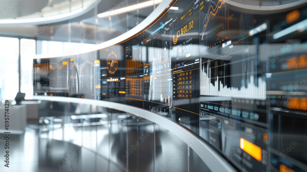 high-tech digital budget monitoring system displayed on a curved, transparent screen in a sleek, modern financial control center high-tech digital budget monitoring system displayed on a curved, transparent screen in a sleek, modern financial control center