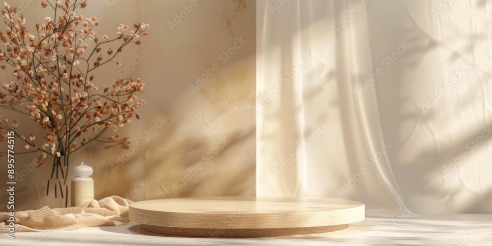 A simple still life composition featuring a wooden plate and a vase