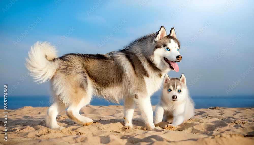 Dogs and puppies, Siberian Husky and Alaskan In an atmosphere filled with sea and sand It showcases the friendship and antics of these arctic species. Dogs and puppies, Siberian Husky and Alaskan In an atmosphere filled with sea and sand It showcases the friendship and antics of these arctic species.