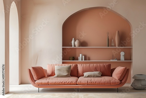 A modern living room features a plush pink sofa with decorative pillows a white shelf with vases and decor and arched doorways photo