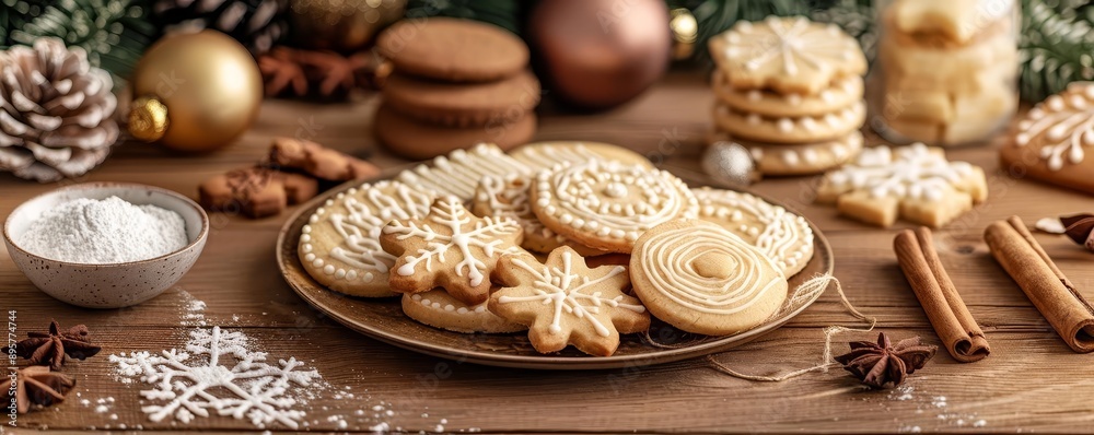 Assorted Christmas cookies and baking ingredients on a rustic table, Holiday baking, Warm festive treats Assorted Christmas cookies and baking ingredients on a rustic table, Holiday baking, Warm festive treats
