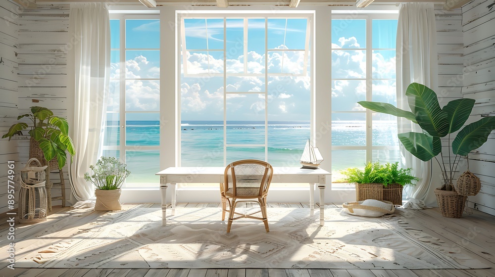 Fototapeta premium A coastal office space with a white desk, wicker chair, large windows with ocean views, nautical decor, light wooden flooring, and a bright, airy atmosphere, hd quality, natural look. --ar 16:9 --v 6.