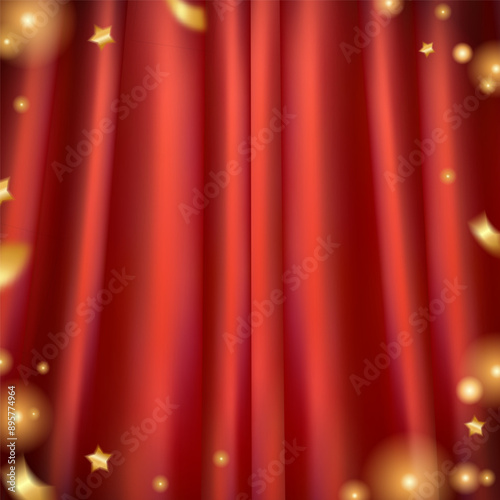 Red Curtains background with gold glitter and glowing elements. Realistic textile with folds and drapes.Silk texture satin velvet material or luxurious background place for tex .Vector 3d illustration