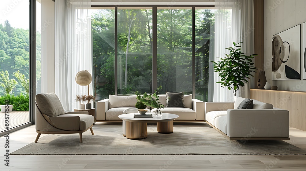 Fototapeta premium A contemporary living room with sleek, modern furniture, a neutral color palette, large windows allowing natural light to flood in, minimalistic decor with a touch of abstract art,