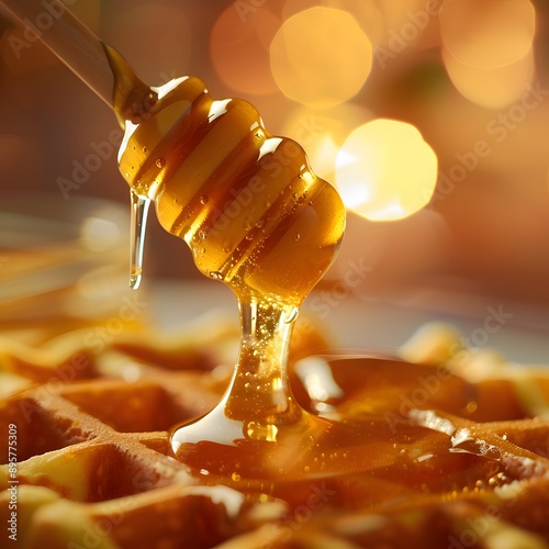 Honey dripping on waffles, photo