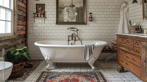 A farmhouse bathroom with a clawfoot tub, a wooden vanity, white subway tiles, vintage fixtures, a cozy rug, and a warm, rustic feel, hd quality, natural look. --ar 16:9 --v 6.0 --s 250 --style raw photo