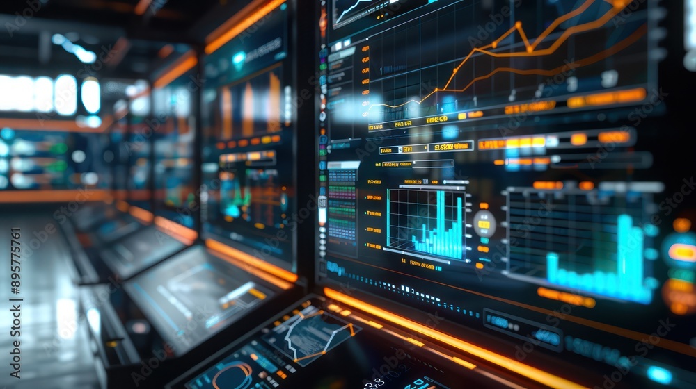 Obraz premium high-tech financial monitoring station with augmented reality displays showing live budget performance across different departments in a large corporation