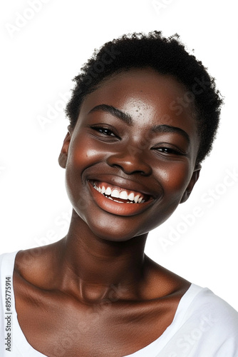 Happy female African model alone against transparent background