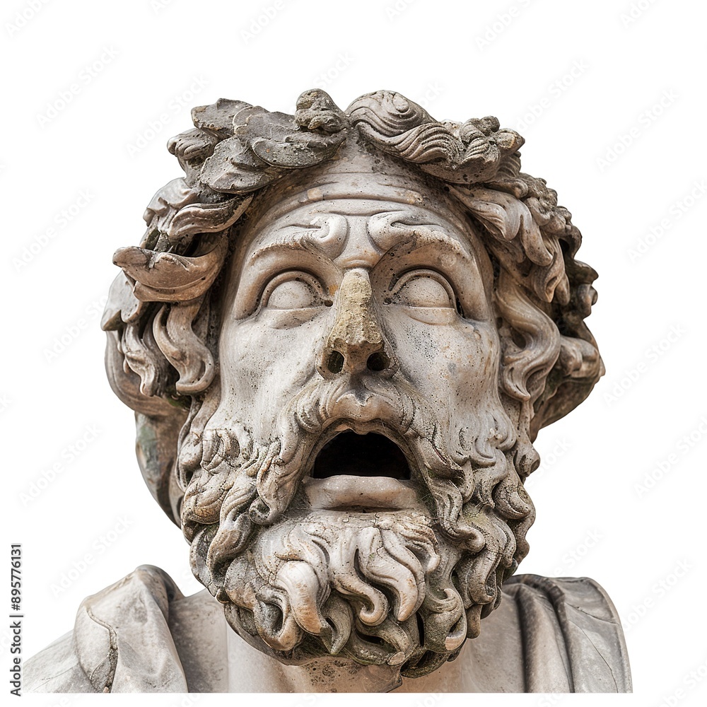 very surprised antique statue of a bearded man with his mouth wide open isolated on white background very surprised antique statue of a bearded man with his mouth wide open isolated on white background