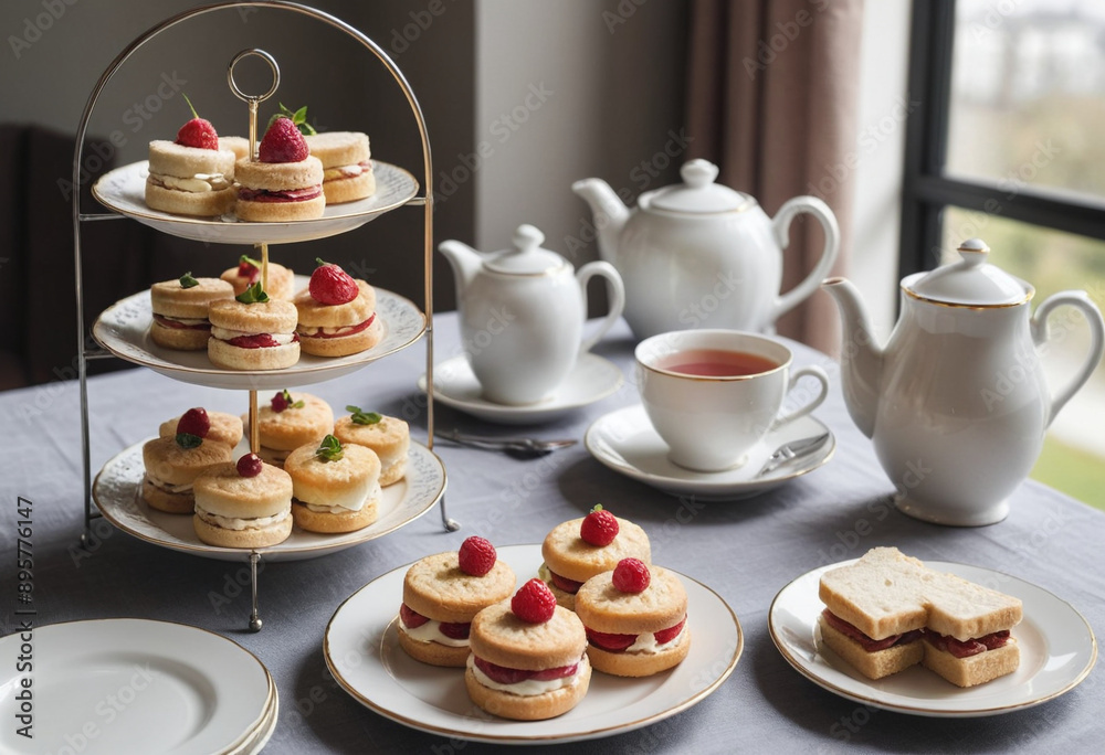 Traditional English afternoon tea with finger sandwiches, scones, and clotted cream. Traditional English afternoon tea with finger sandwiches, scones, and clotted cream.