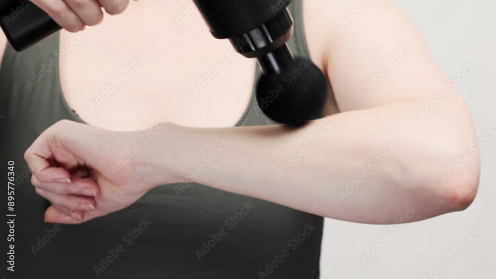 Close up of woman gives herself massage on forearm with percussion massager-gun with ball nozzle. Therapy for joint pain relief