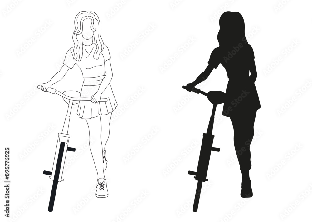 Beautiful girl with wavy hair, skirt, t-shirt riding bike on white background in outline and black silhouette style for lifestyle, posters, wallpapers, icons Beautiful girl with wavy hair, skirt, t-shirt riding bike on white background in outline and black silhouette style for lifestyle, posters, wallpapers, icons