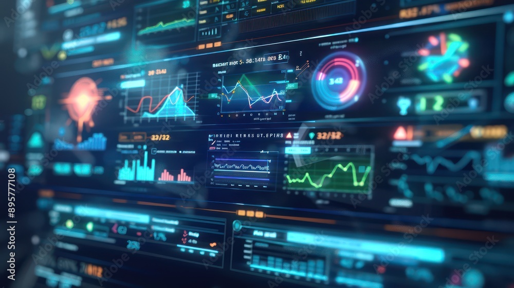 high-tech interface displaying a dynamic risk assessment model with colored risk levels and indicators, all in digital format