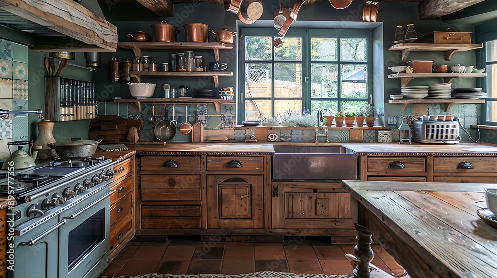 A French Country kitchen with rustic wooden cabinets, farmhouse sink, pastel tiles, open shelving with vintage dishware, copper pots hanging above the island, and a cozy, welcoming ambiance, A French Country kitchen with rustic wooden cabinets, farmhouse sink, pastel tiles, open shelving with vintage dishware, copper pots hanging above the island, and a cozy, welcoming ambiance,