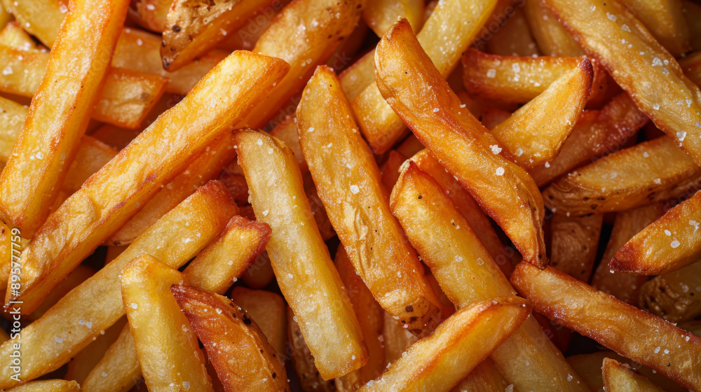 A close-up view of golden brown, crispy French fries sprinkled with salt, showcasing fast food and snack. A close-up view of golden brown, crispy French fries sprinkled with salt, showcasing fast food and snack.