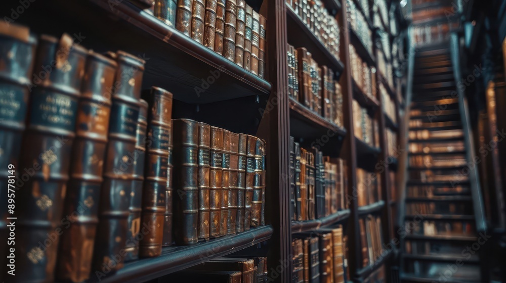 atmospheric library scene showcasing floortoceiling bookshelves filled with antique leatherbound volumes creating a sense of timeless knowledge and literary history in warm rich tones