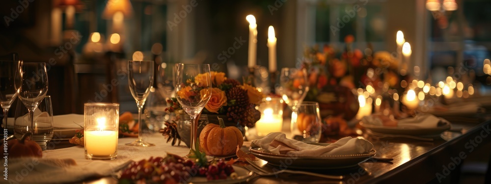 Elegant Thanksgiving Table Setting with Candles and Flowers Elegant Thanksgiving Table Setting with Candles and Flowers