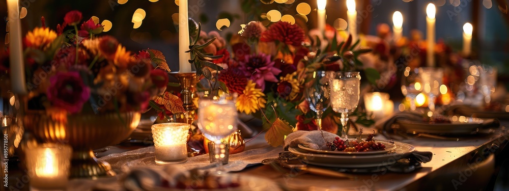 Elegant Thanksgiving Table Setting with Candles and Flowers Elegant Thanksgiving Table Setting with Candles and Flowers